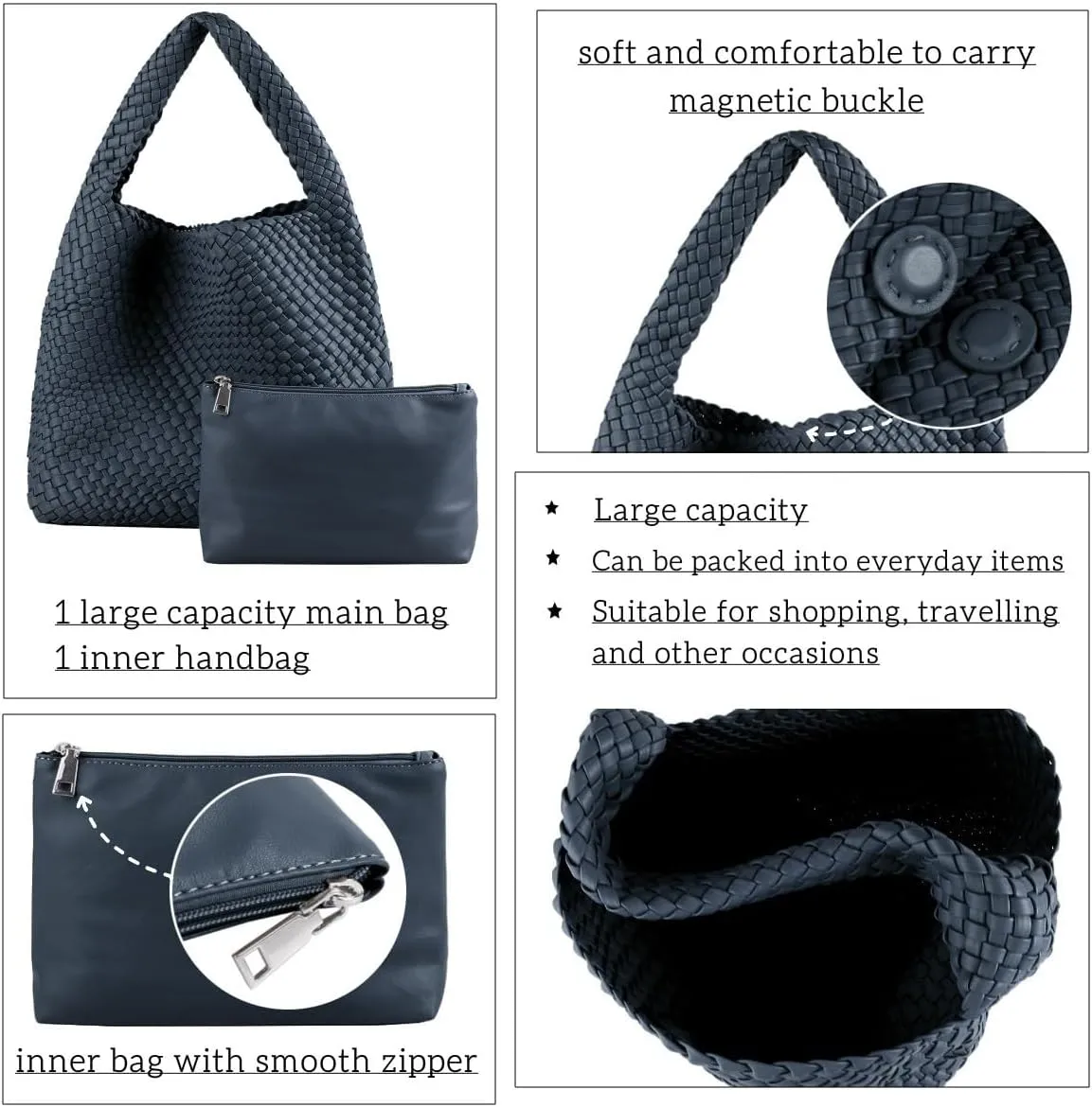 Vegan Leather Hand Woven Tote Handbag Shoulder Bag and Woven Purses Large Shopper Bag for Women