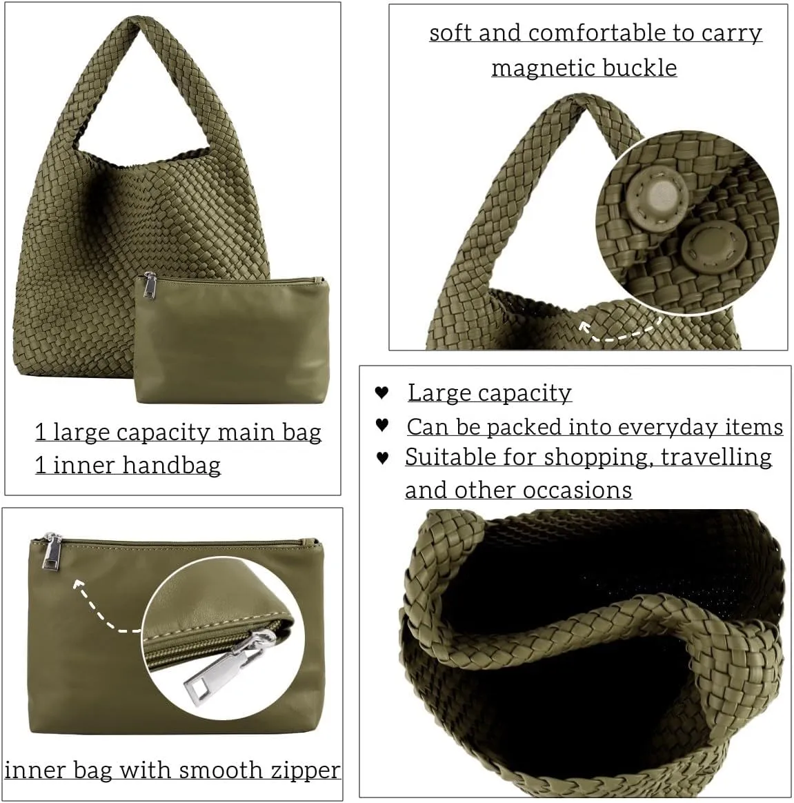 Vegan Leather Hand Woven Tote Handbag Shoulder Bag and Woven Purses Large Shopper Bag for Women