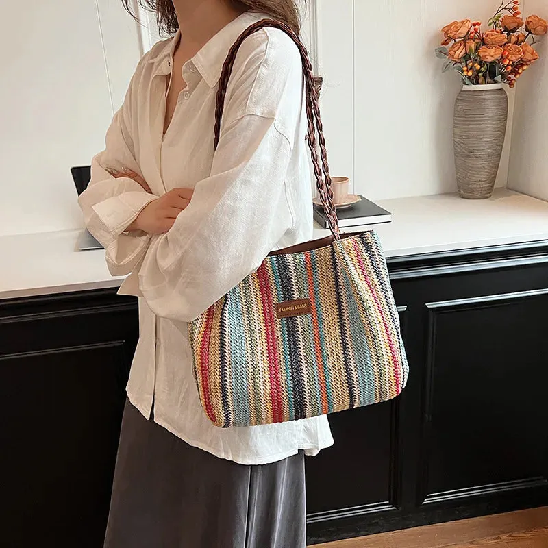 Veloria™ Retro Woven Striped Tote Bag