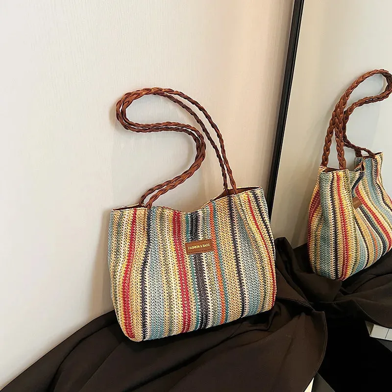 Veloria™ Retro Woven Striped Tote Bag