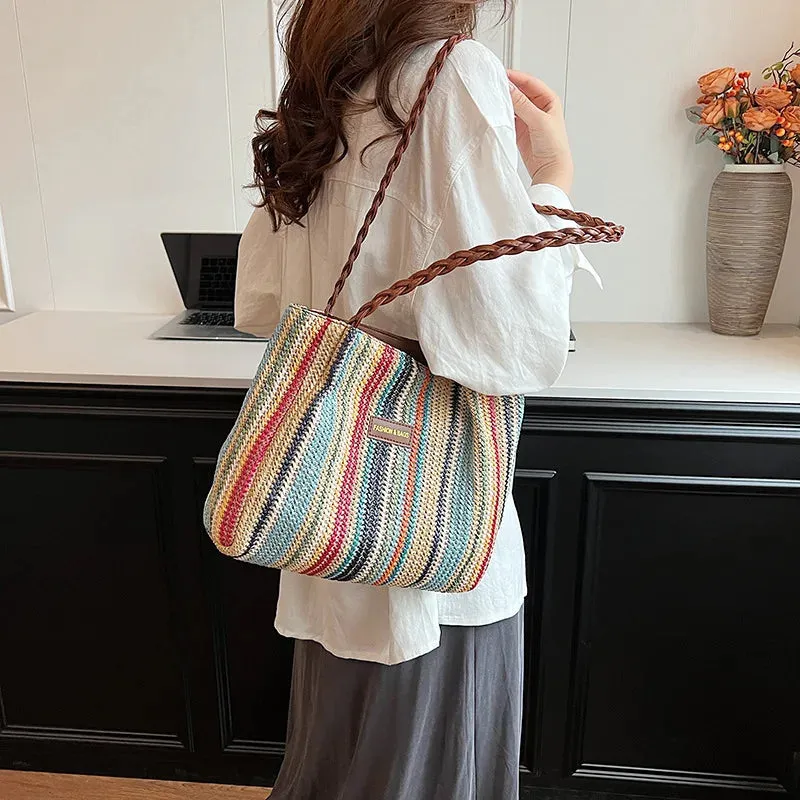 Veloria™ Retro Woven Striped Tote Bag