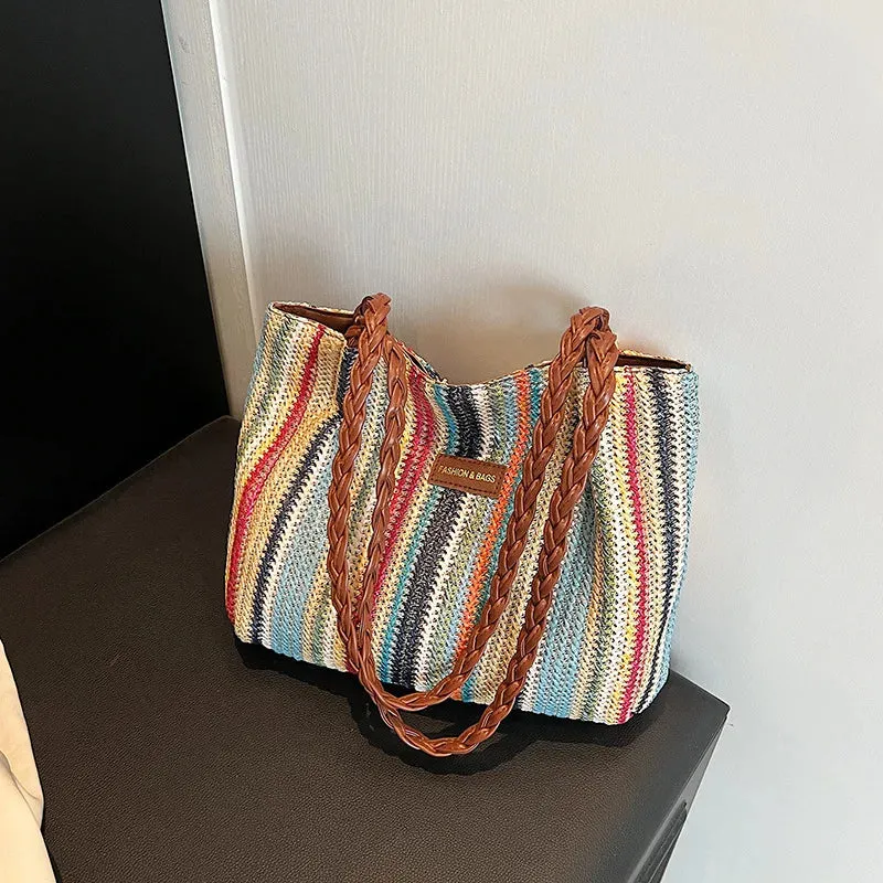 Veloria™ Retro Woven Striped Tote Bag