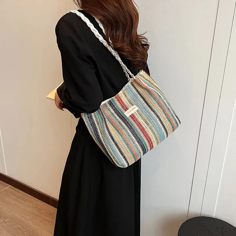 Veloria™ Retro Woven Striped Tote Bag