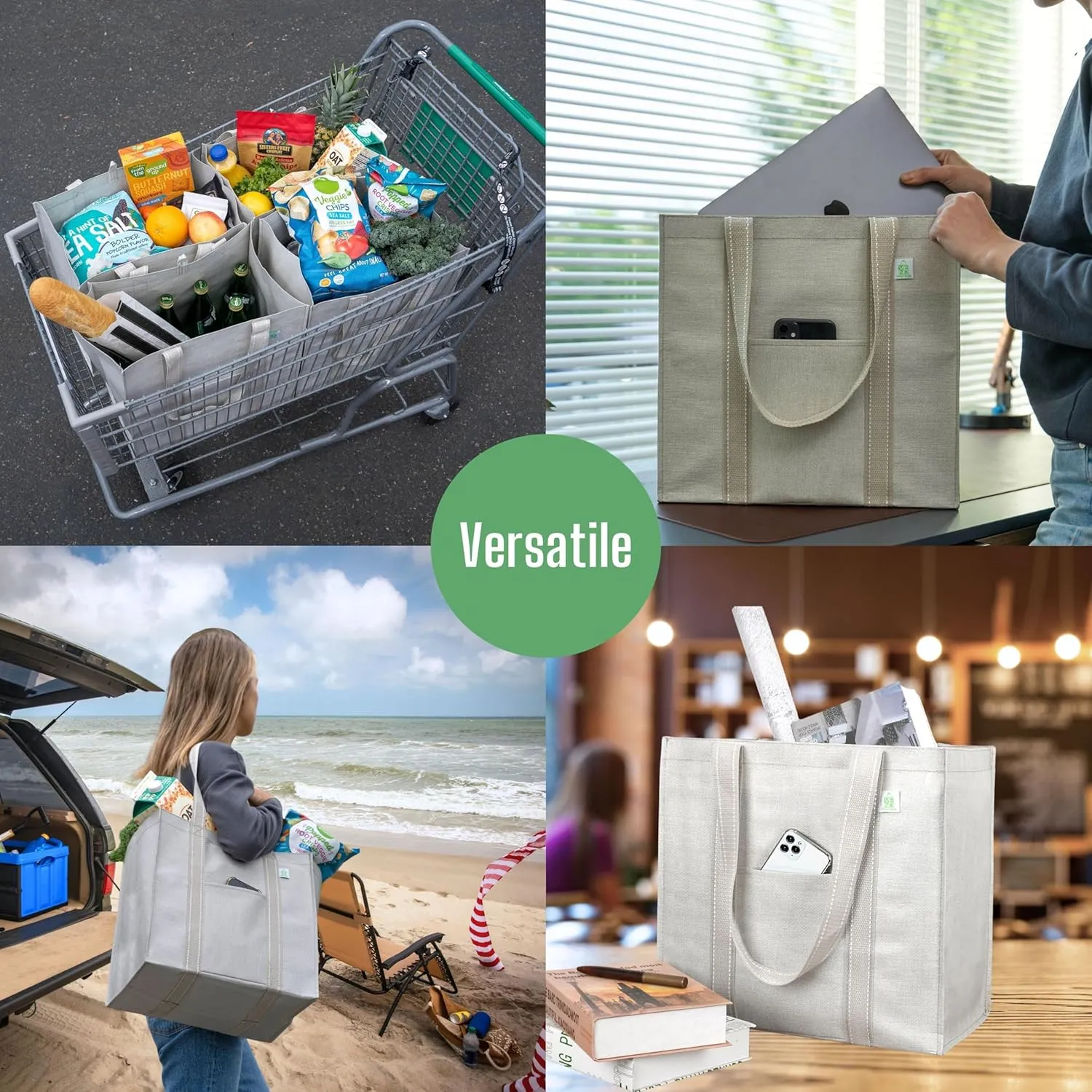 VENO 4 Pack Reusable Grocery Bags w/ Hard Bottom, Heavy-Duty Shopping Bags for Shopping Cart (Beige, 4 Pack)