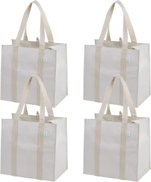 VENO 4 Pack Reusable Grocery Bags w/ Hard Bottom, Heavy-Duty Shopping Bags for Shopping Cart (Beige, 4 Pack)