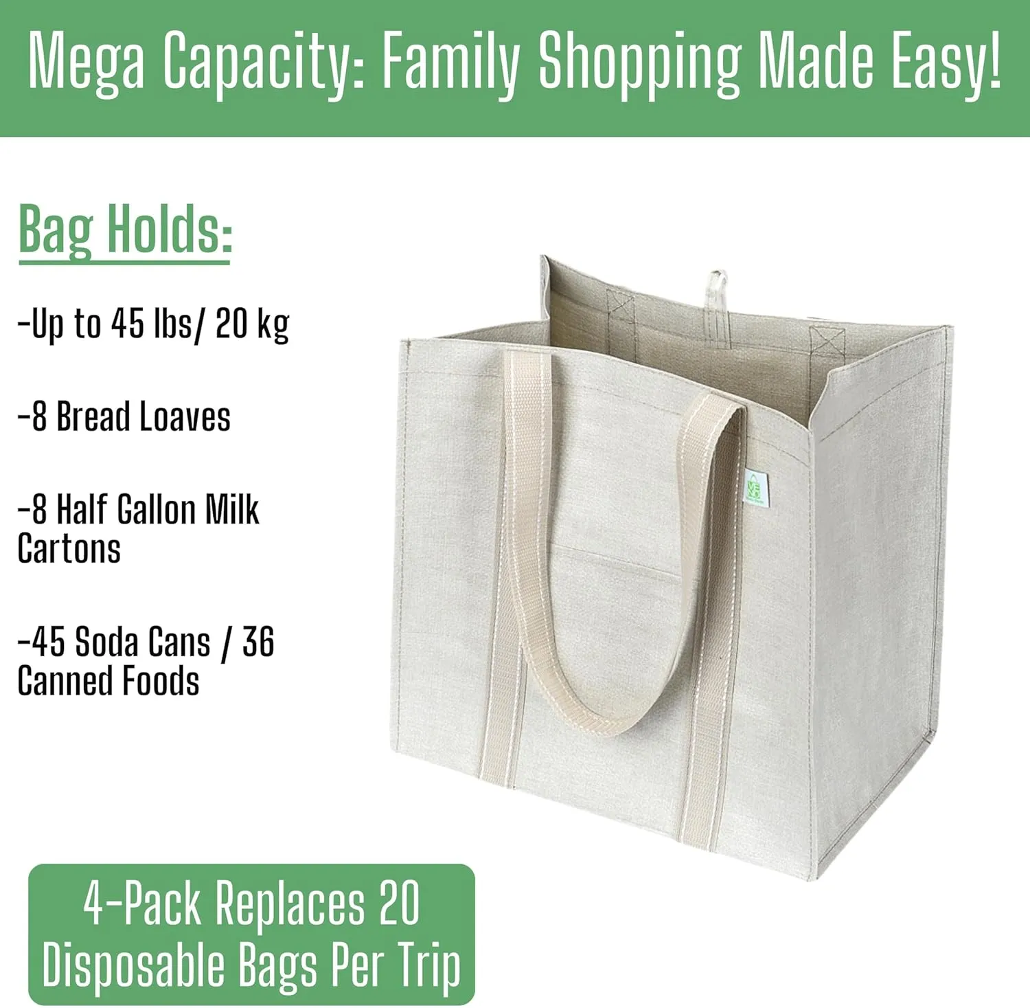 VENO 4 Pack Reusable Grocery Bags w/ Hard Bottom, Heavy-Duty Shopping Bags for Shopping Cart (Beige, 4 Pack)
