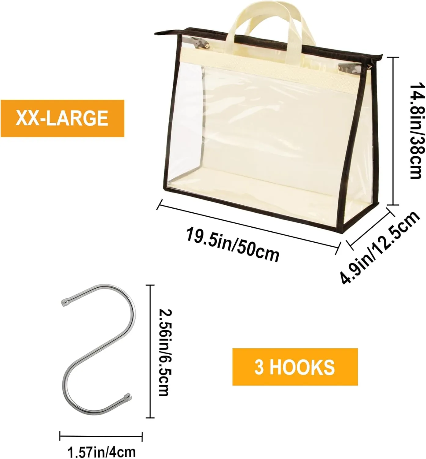 Vercord Clear PVC Handbag Dust-Free Cover Moistureproof Purse Storage Bag Organizer with Handle Zipper Space-Save Holder for Closet Beige XXL 3Pcs