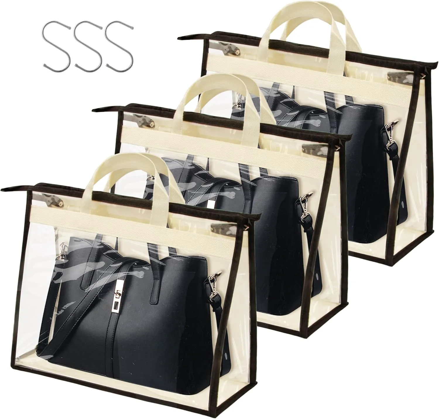 Vercord Clear PVC Handbag Dust-Free Cover Moistureproof Purse Storage Bag Organizer with Handle Zipper Space-Save Holder for Closet Beige XXL 3Pcs