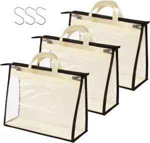 Vercord Clear PVC Handbag Dust-Free Cover Moistureproof Purse Storage Bag Organizer with Handle Zipper Space-Save Holder for Closet Beige XXL 3Pcs