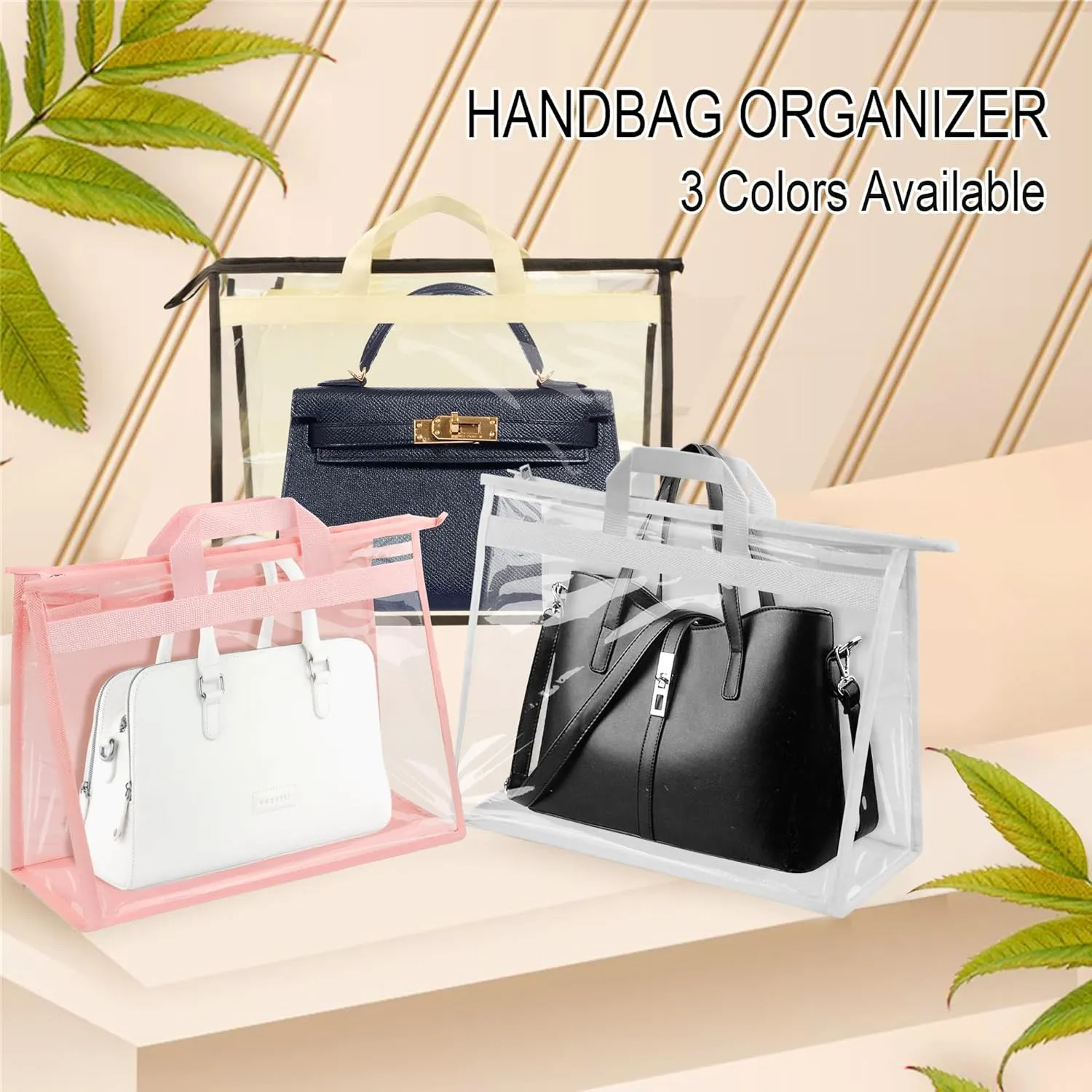 Vercord Clear PVC Handbag Dust-Free Cover Moistureproof Purse Storage Bag Organizer with Handle Zipper Space-Save Holder for Closet Beige XXL 3Pcs