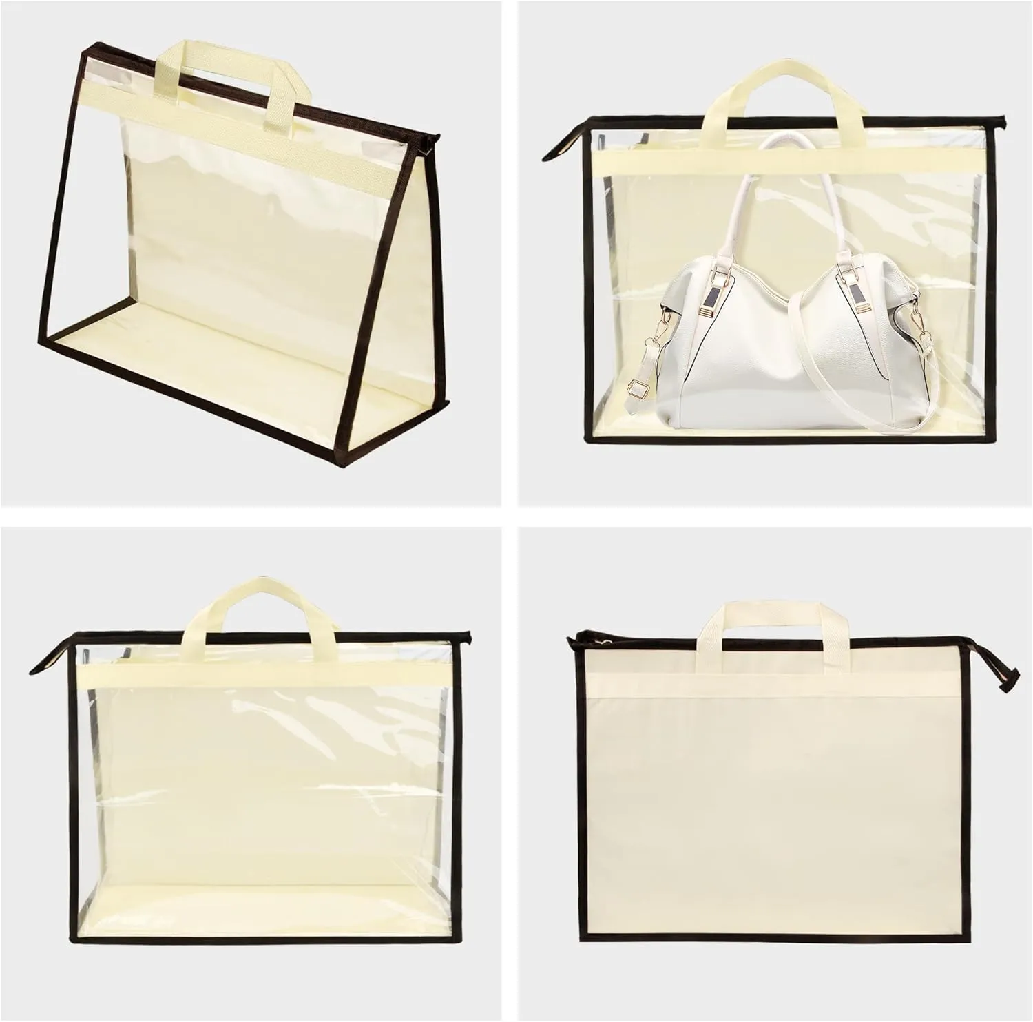 Vercord Clear PVC Handbag Dust-Free Cover Moistureproof Purse Storage Bag Organizer with Handle Zipper Space-Save Holder for Closet Beige XXL 3Pcs