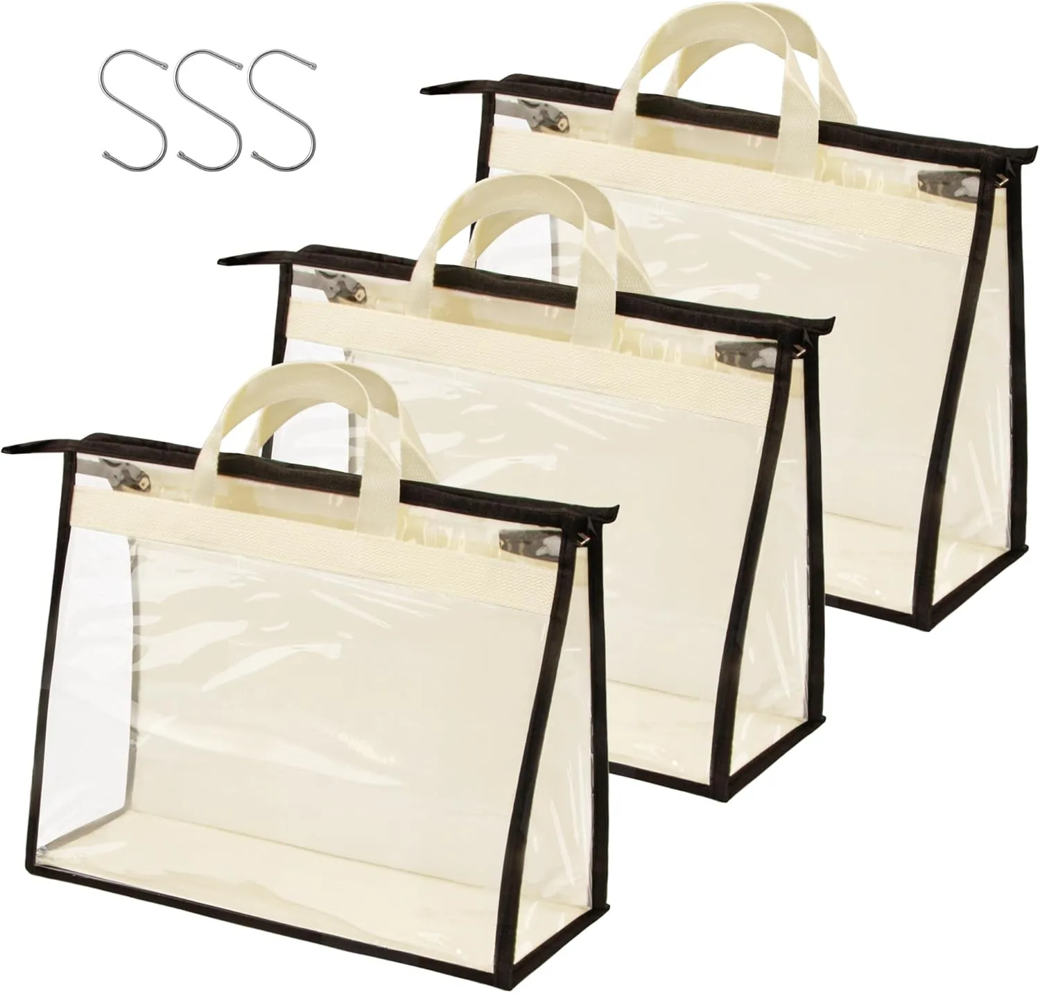 Vercord Clear PVC Handbag Dust-Free Cover Moistureproof Purse Storage Bag Organizer with Handle Zipper Space-Save Holder for Closet Beige XXL 3Pcs