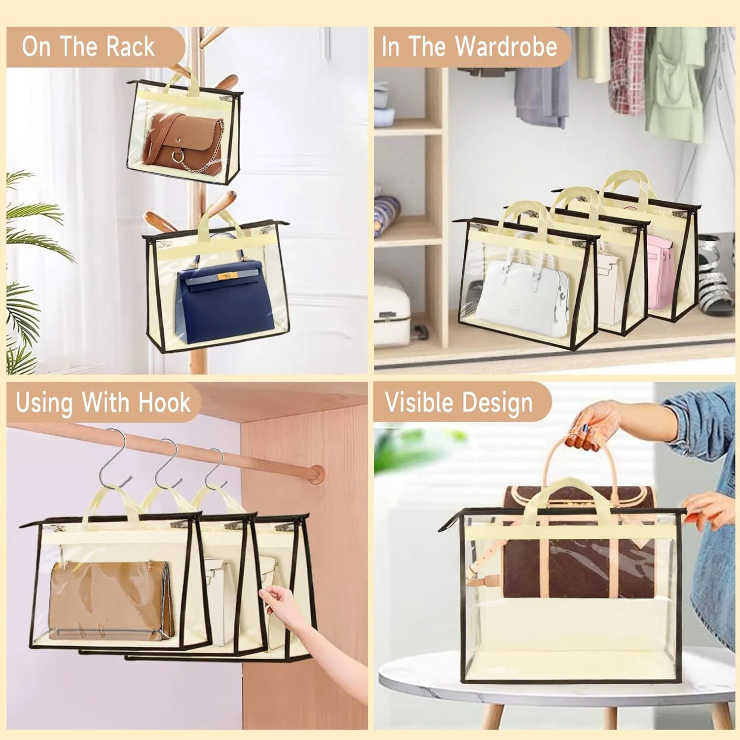 Vercord Clear PVC Handbag Dust-Free Cover Moistureproof Purse Storage Bag Organizer with Handle Zipper Space-Save Holder for Closet Beige XXL 3Pcs