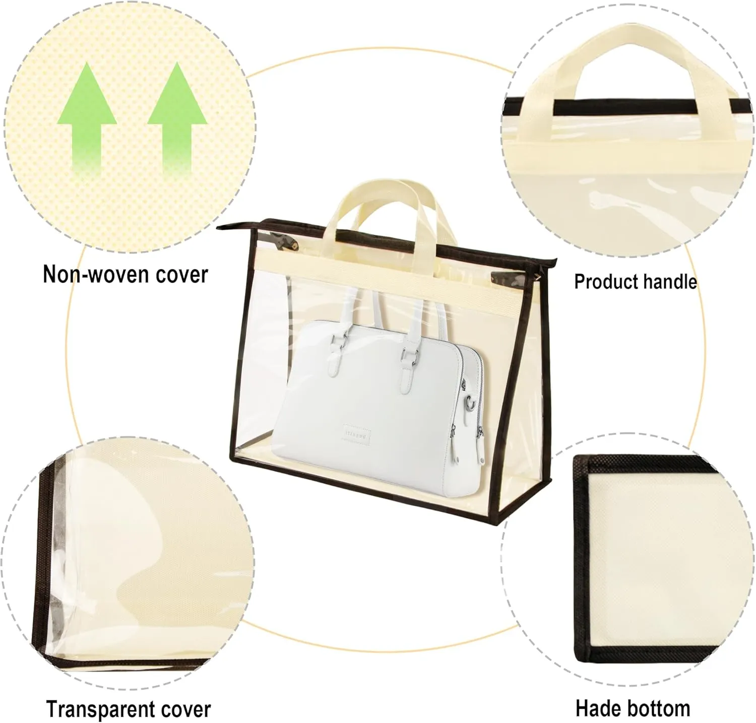 Vercord Clear PVC Handbag Dust-Free Cover Moistureproof Purse Storage Bag Organizer with Handle Zipper Space-Save Holder for Closet Beige XXL 3Pcs