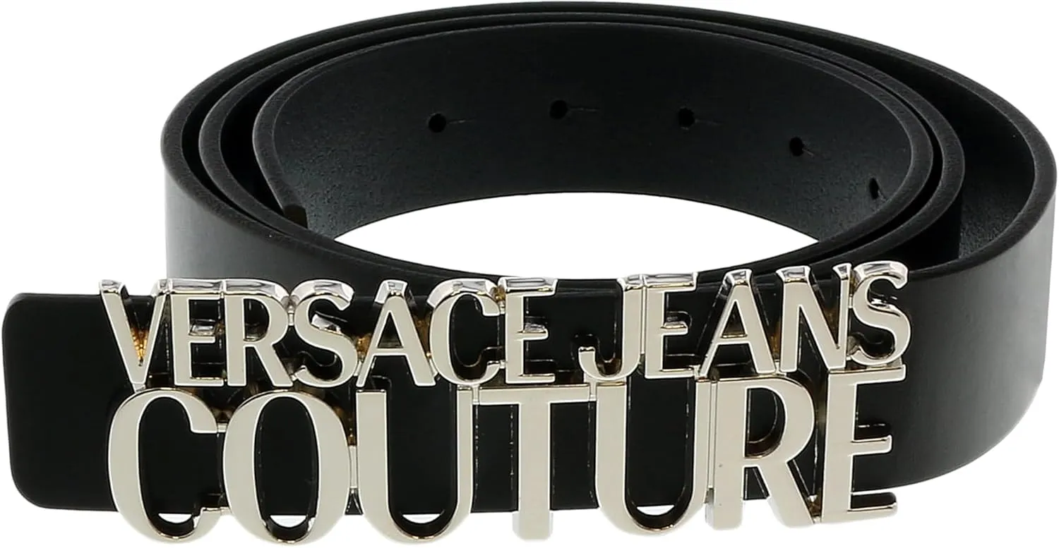 VERSACE JEANS COUTURE Black/Nickel Lettering Buckle Leather Belt- for Mens