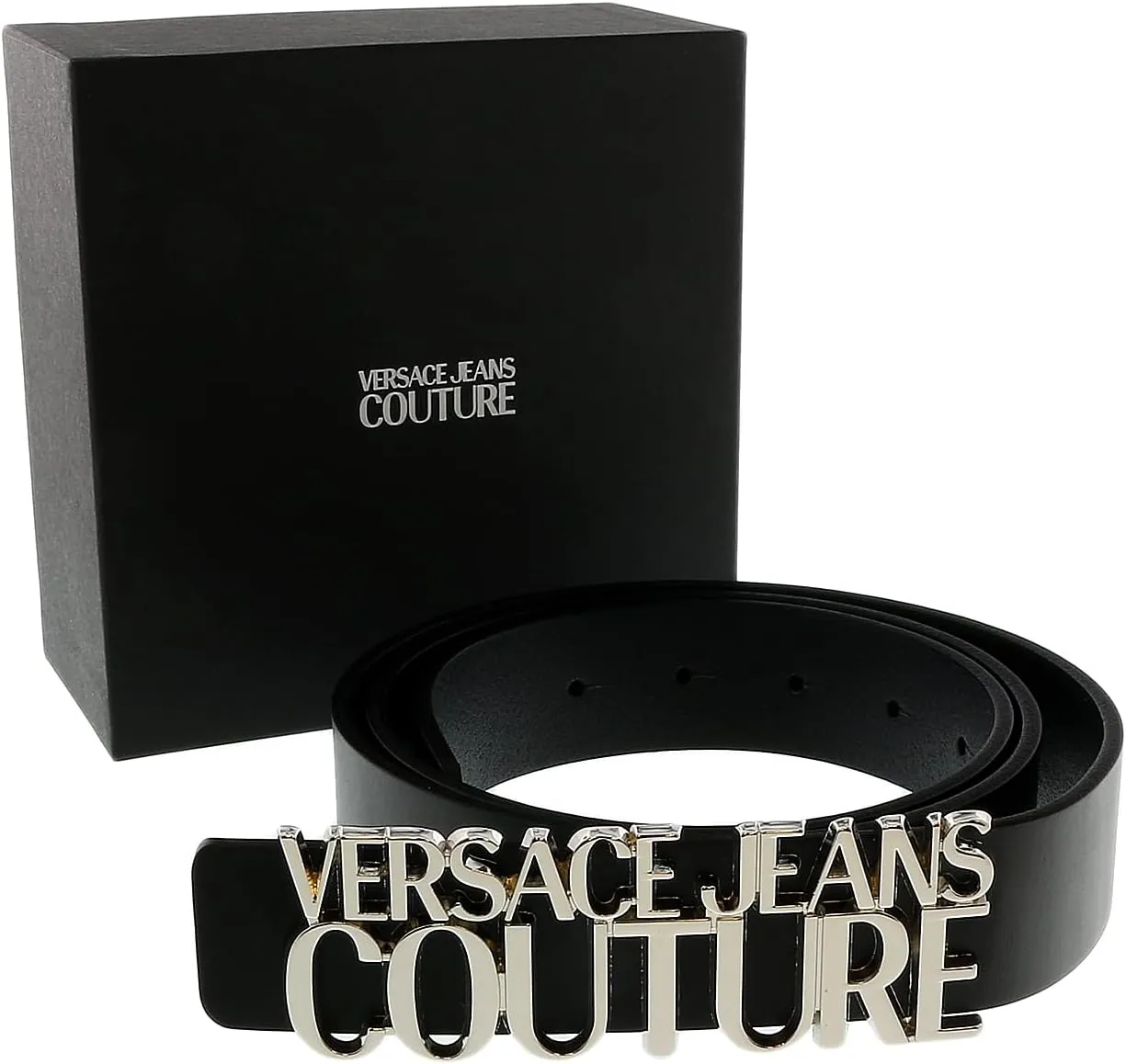 VERSACE JEANS COUTURE Black/Nickel Lettering Buckle Leather Belt- for Mens
