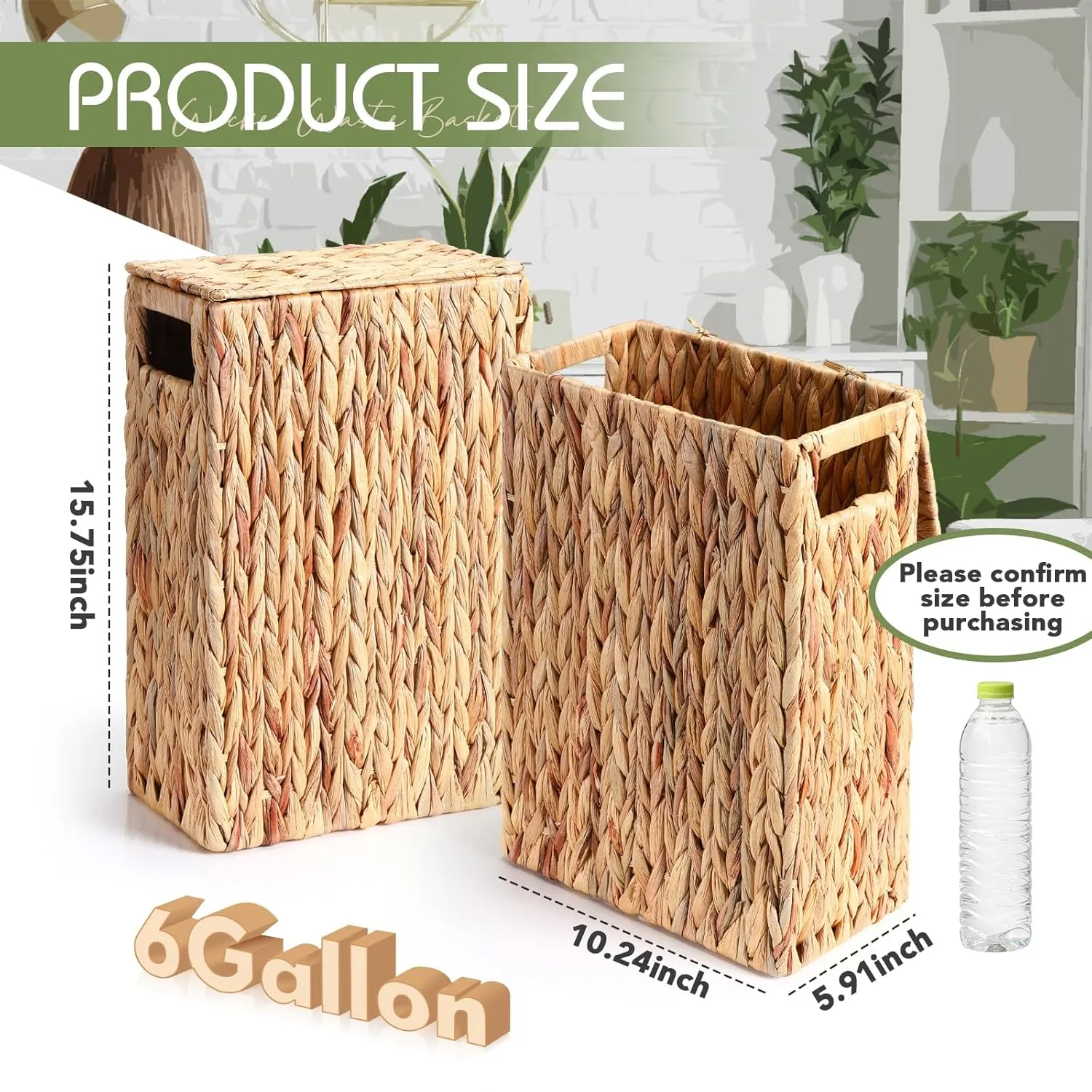 Vesici 6 Gallon Wicker Waste Basket with Lid Wicker Trash Can with Built-in Handles Handwoven Garbage Can for Bedroom, Bathroom, Kitchen, and Office