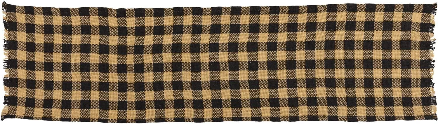 VHC Brands Burlap Black Check Runner Fringed 13x48 Country Rustic Kitchen Tabletop Design, Black and Tan