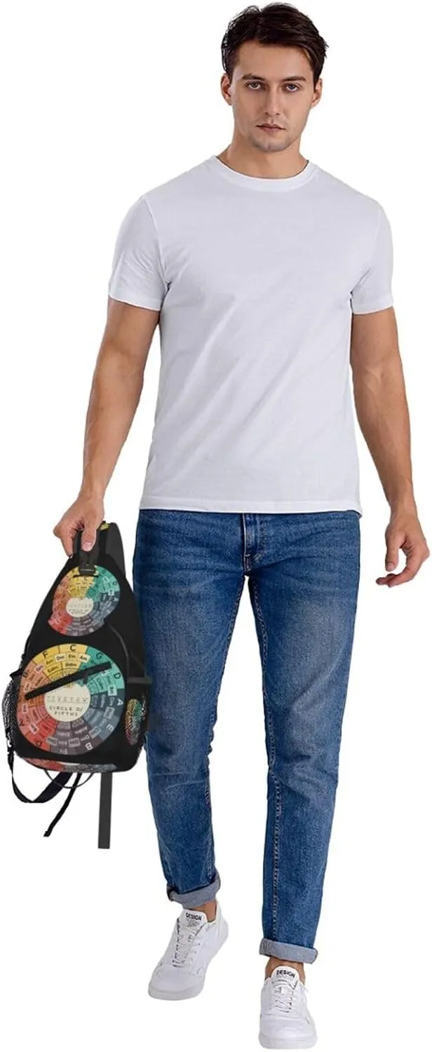 Vintage Fifths Music Circle Crossbody Bag Cross Chest Bag Adjustable Sling Backpack Sports Gym Shoulder Bags Travel Cycling Daypack Diagonally Casual Rucksack