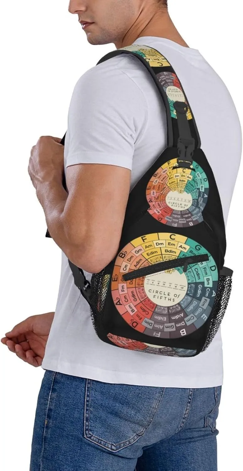 Vintage Fifths Music Circle Crossbody Bag Cross Chest Bag Adjustable Sling Backpack Sports Gym Shoulder Bags Travel Cycling Daypack Diagonally Casual Rucksack