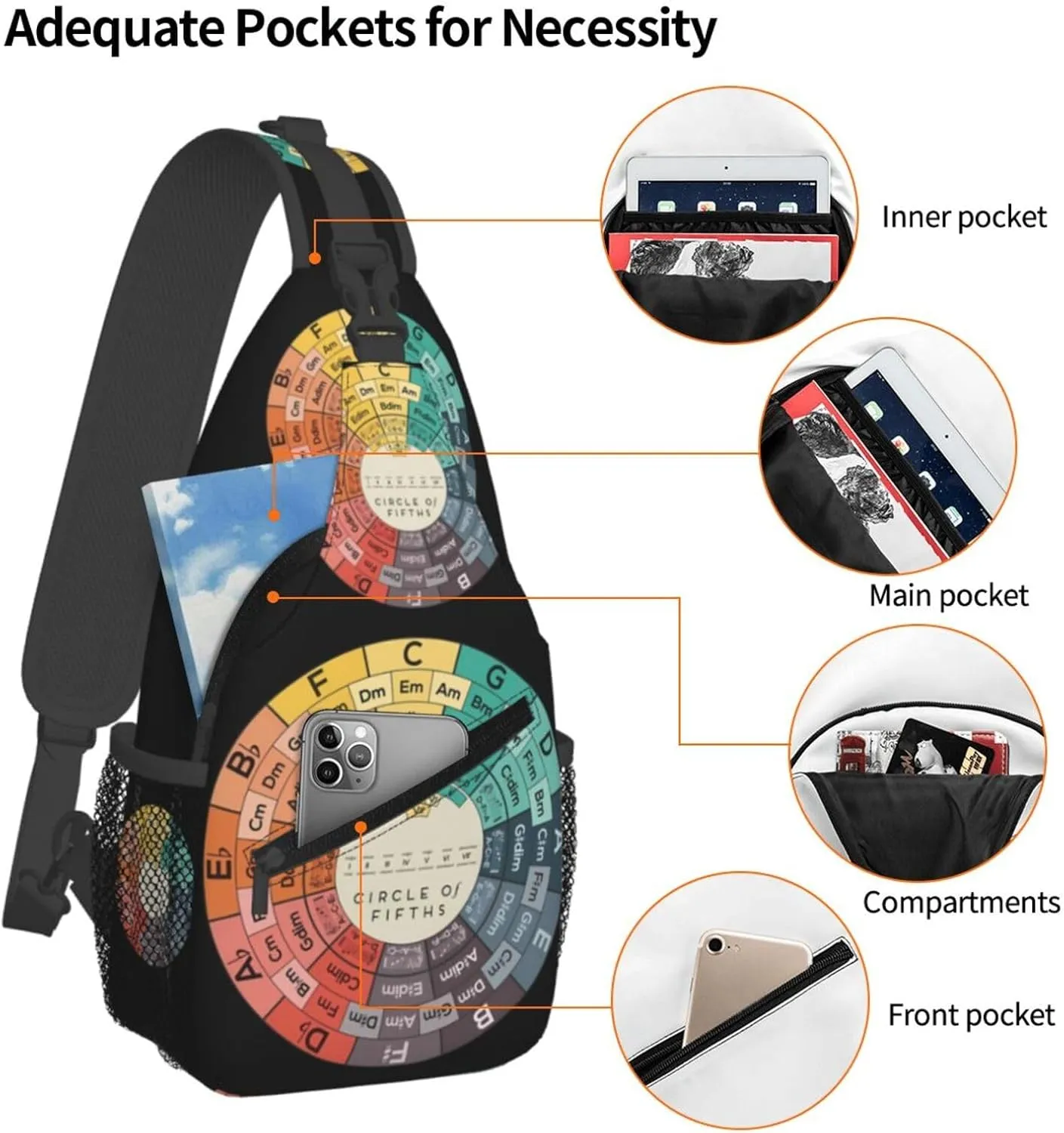 Vintage Fifths Music Circle Crossbody Bag Cross Chest Bag Adjustable Sling Backpack Sports Gym Shoulder Bags Travel Cycling Daypack Diagonally Casual Rucksack