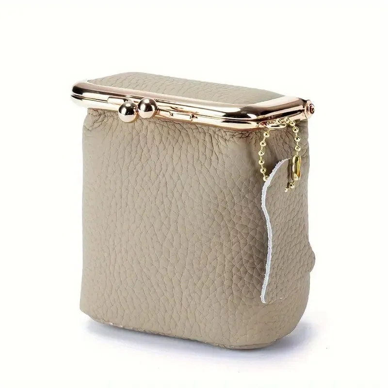 Vintage Genuine Leather Mini Handbag Organizer with Secure Kiss Lock
