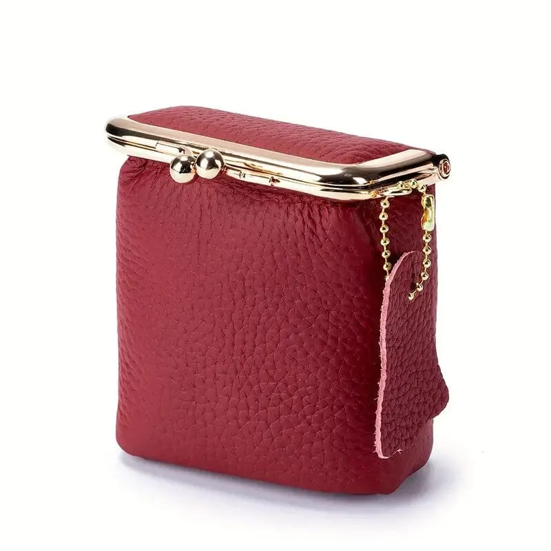 Vintage Genuine Leather Mini Handbag Organizer with Secure Kiss Lock