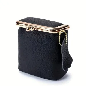 Vintage Genuine Leather Mini Handbag Organizer with Secure Kiss Lock