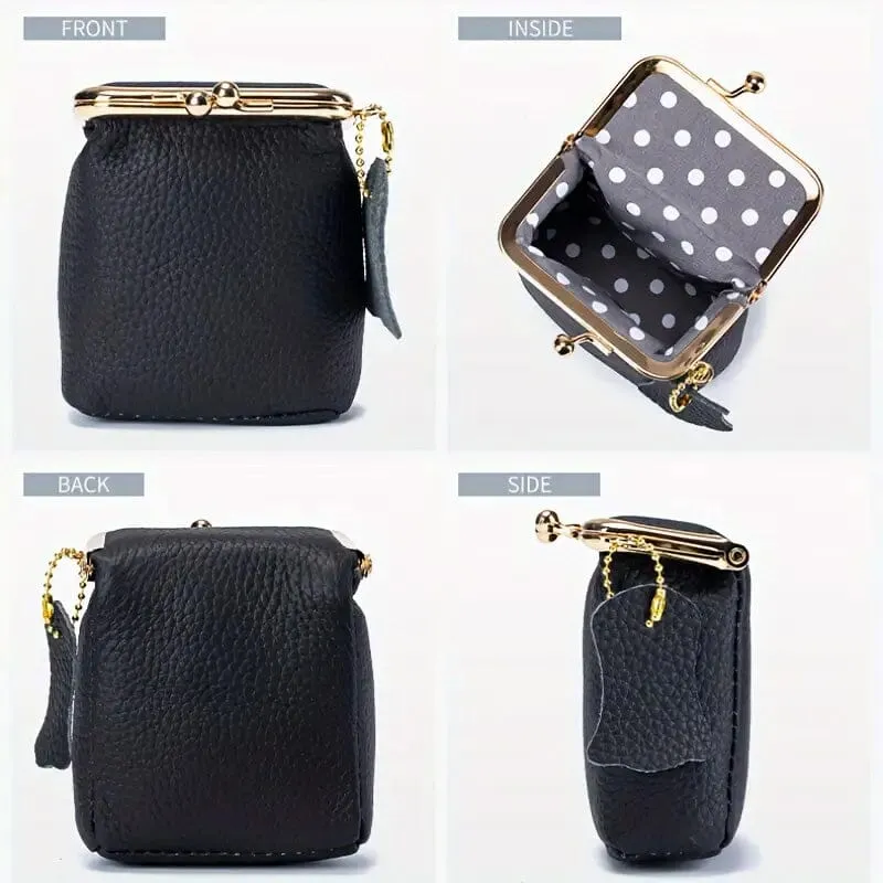 Vintage Genuine Leather Mini Handbag Organizer with Secure Kiss Lock