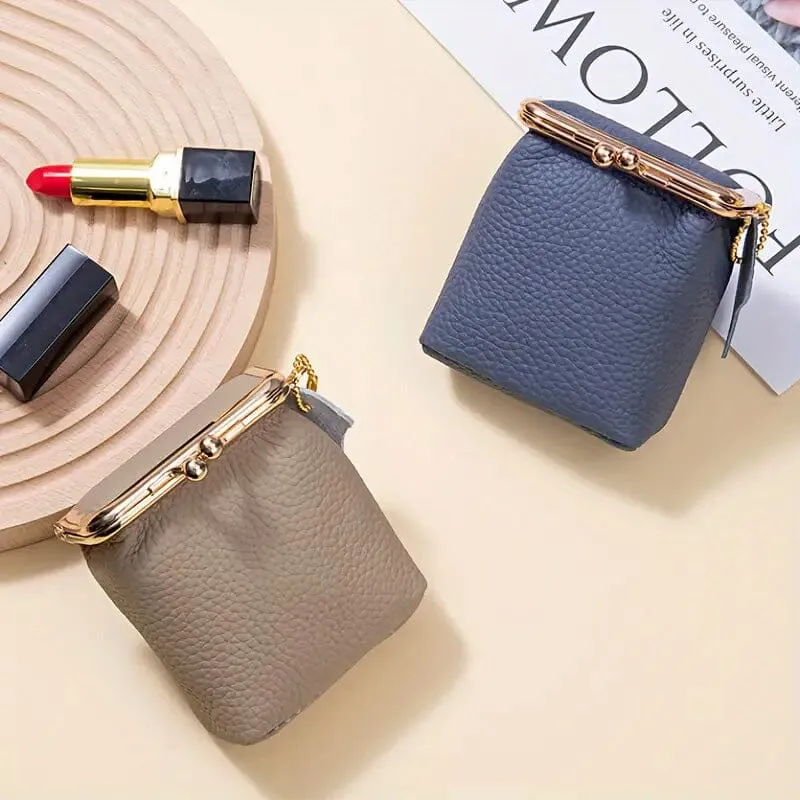 Vintage Genuine Leather Mini Handbag Organizer with Secure Kiss Lock