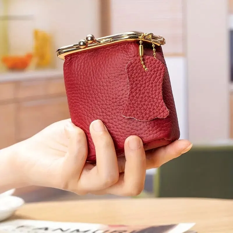 Vintage Genuine Leather Mini Handbag Organizer with Secure Kiss Lock