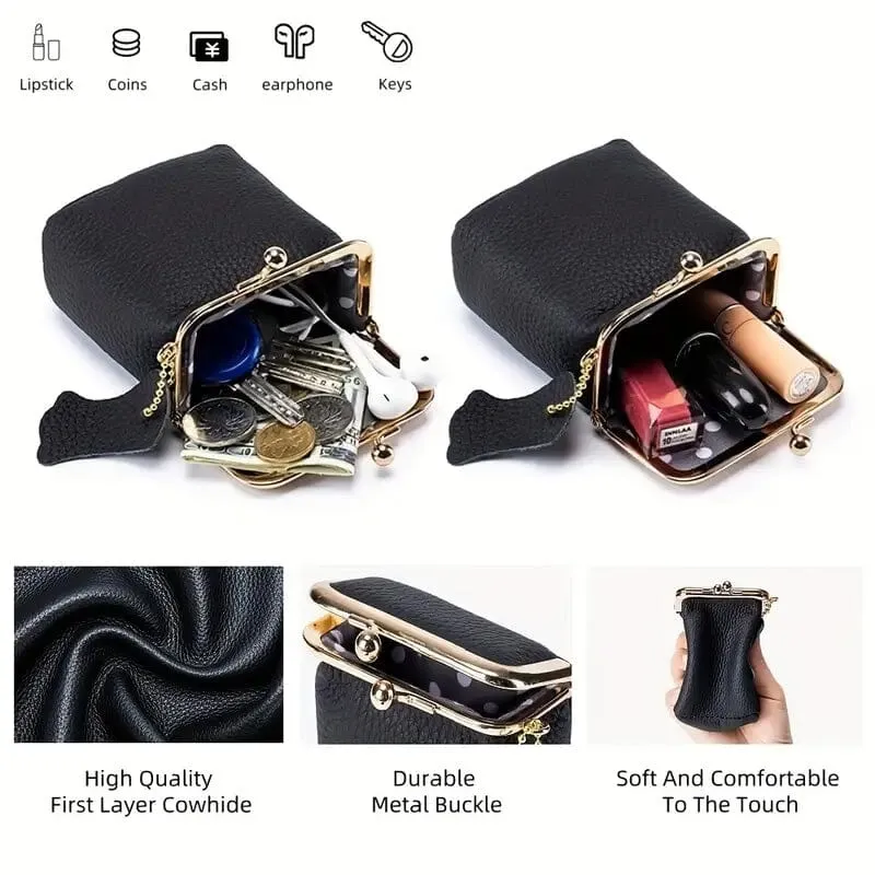 Vintage Genuine Leather Mini Handbag Organizer with Secure Kiss Lock