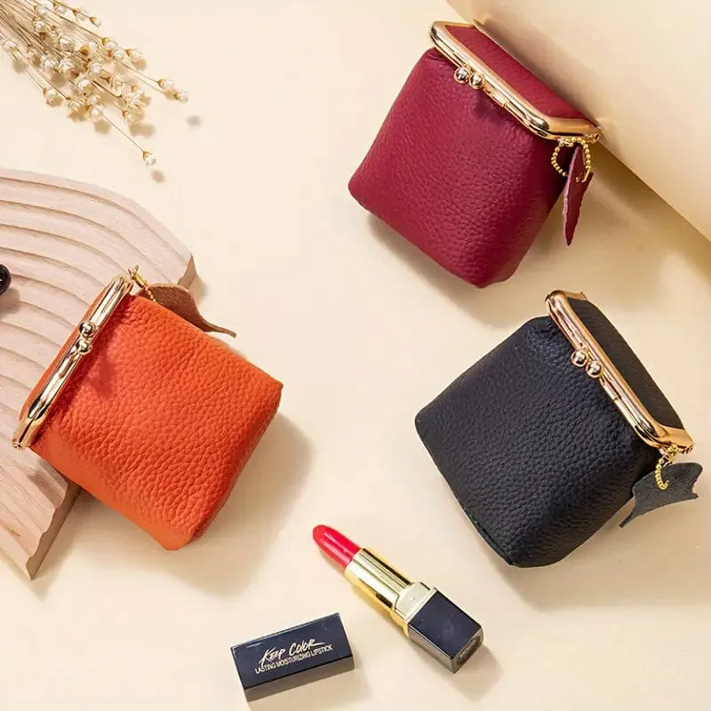 Vintage Genuine Leather Mini Handbag Organizer with Secure Kiss Lock