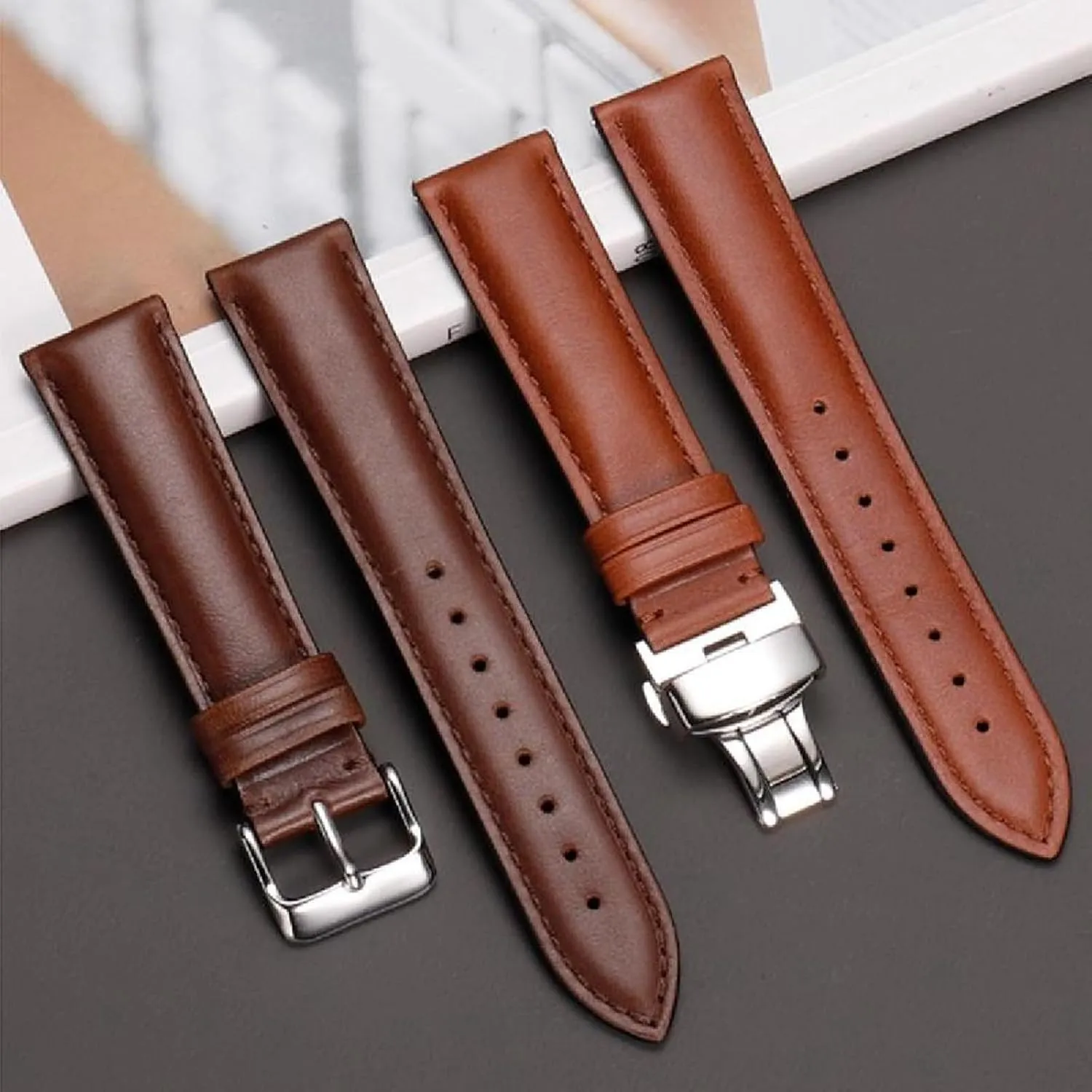 Vintage Genuine Leather Watch Strap with Butterfly Clasp 18-22mm