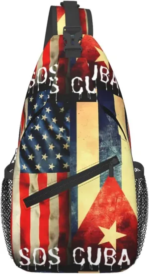 Vintage Half American Cuban Flag SOS Cuba Crossbody Bag Cross Chest Bag Adjustable Sling Backpack Sports Gym Shoulder Bags Travel Cycling Daypack Diagonally Casual Rucksack