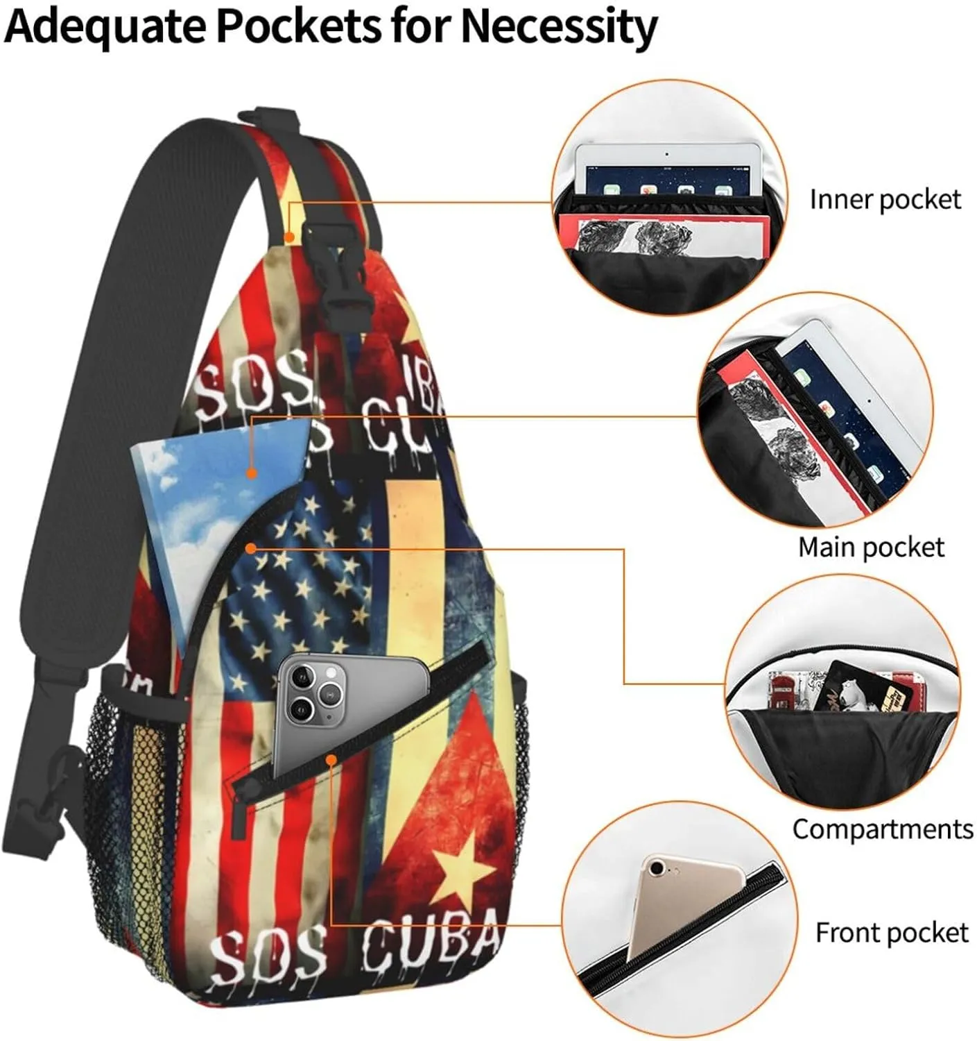 Vintage Half American Cuban Flag SOS Cuba Crossbody Bag Cross Chest Bag Adjustable Sling Backpack Sports Gym Shoulder Bags Travel Cycling Daypack Diagonally Casual Rucksack