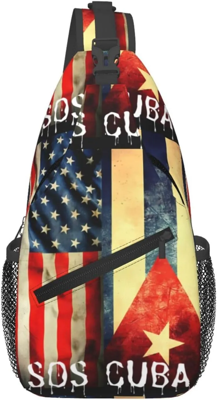 Vintage Half American Cuban Flag SOS Cuba Crossbody Bag Cross Chest Bag Adjustable Sling Backpack Sports Gym Shoulder Bags Travel Cycling Daypack Diagonally Casual Rucksack