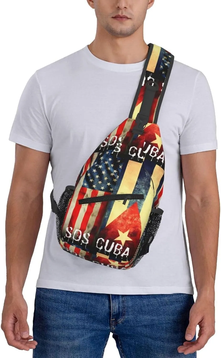 Vintage Half American Cuban Flag SOS Cuba Crossbody Bag Cross Chest Bag Adjustable Sling Backpack Sports Gym Shoulder Bags Travel Cycling Daypack Diagonally Casual Rucksack