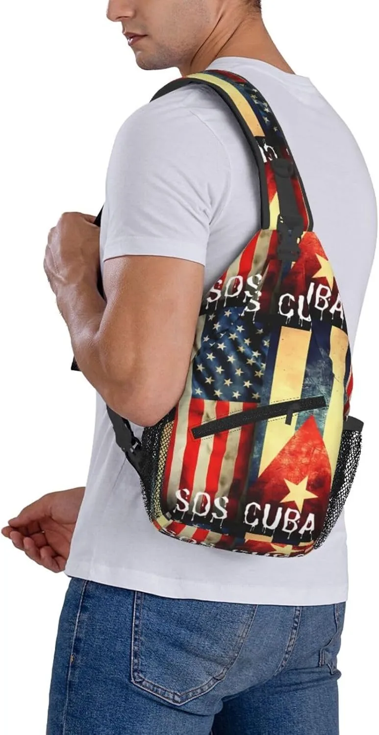 Vintage Half American Cuban Flag SOS Cuba Crossbody Bag Cross Chest Bag Adjustable Sling Backpack Sports Gym Shoulder Bags Travel Cycling Daypack Diagonally Casual Rucksack