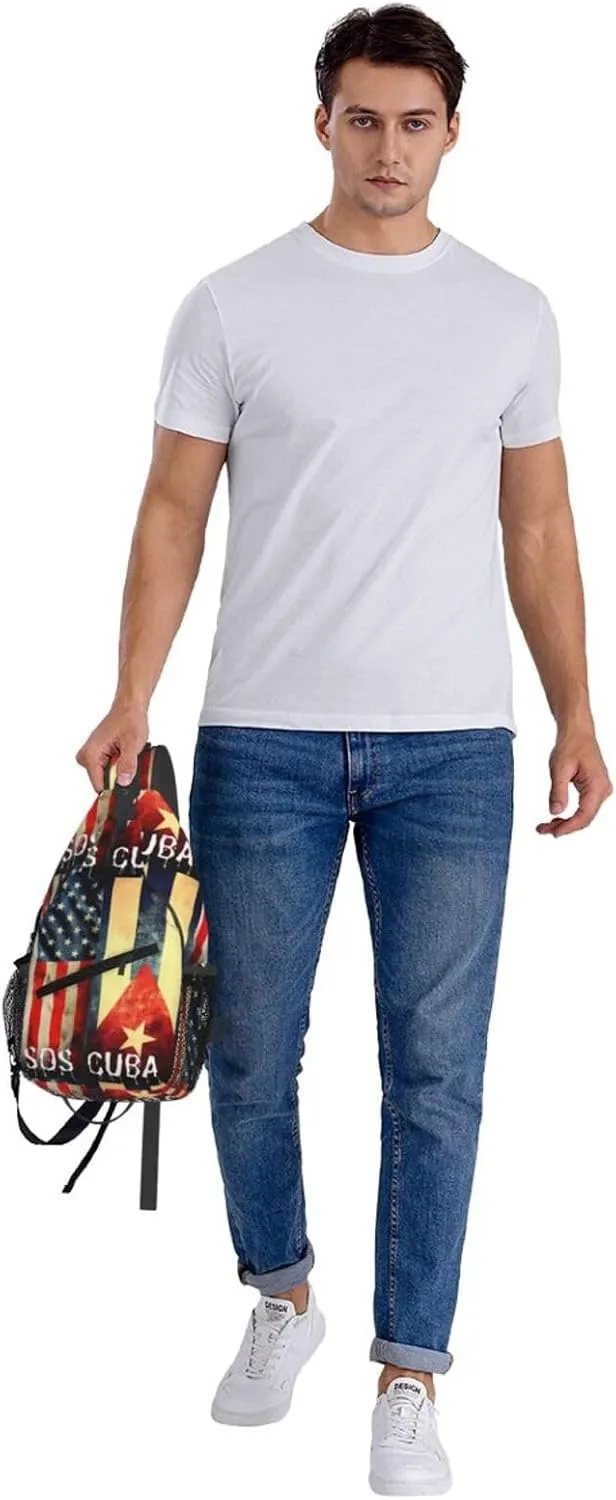 Vintage Half American Cuban Flag SOS Cuba Crossbody Bag Cross Chest Bag Adjustable Sling Backpack Sports Gym Shoulder Bags Travel Cycling Daypack Diagonally Casual Rucksack