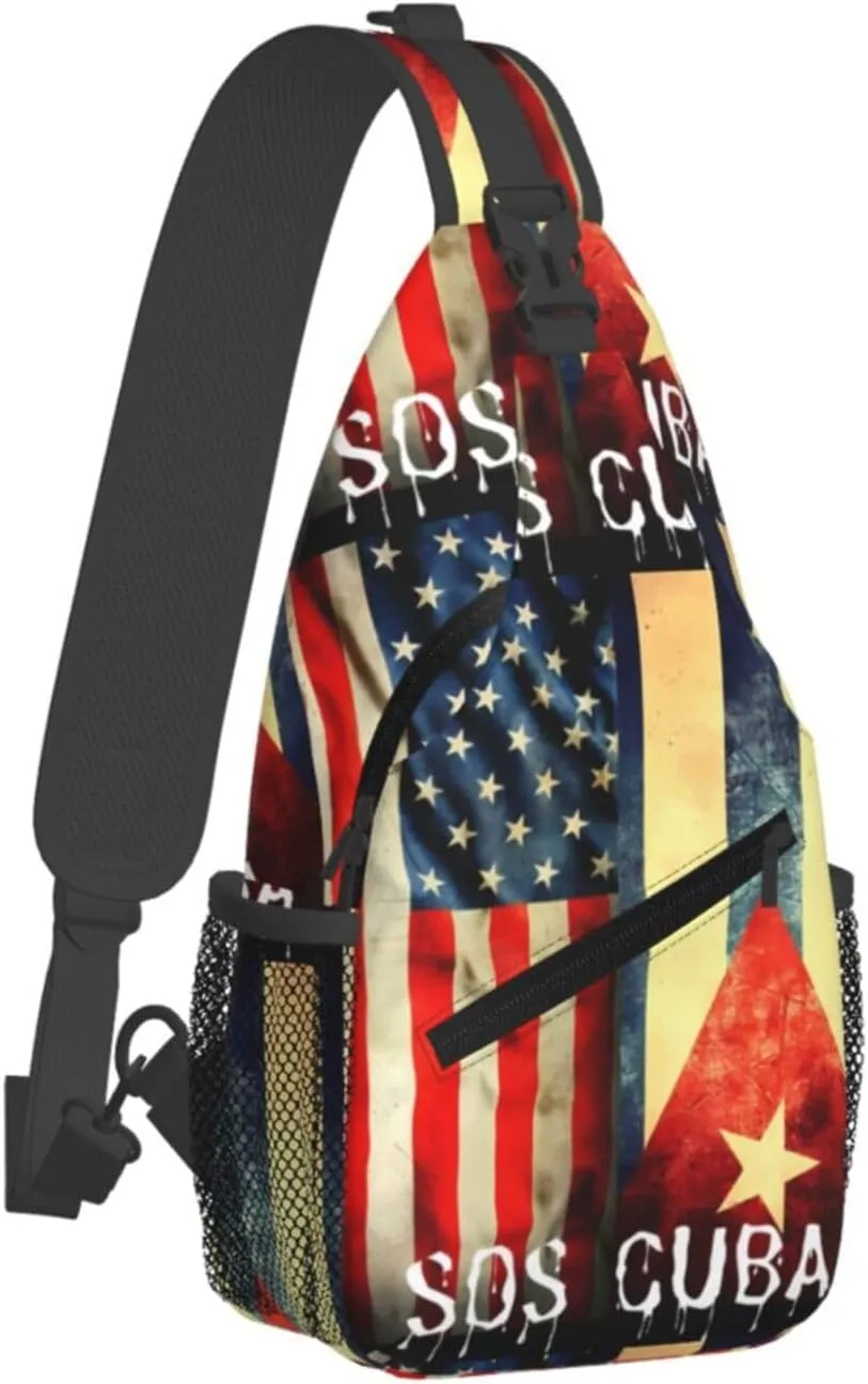 Vintage Half American Cuban Flag SOS Cuba Crossbody Bag Cross Chest Bag Adjustable Sling Backpack Sports Gym Shoulder Bags Travel Cycling Daypack Diagonally Casual Rucksack