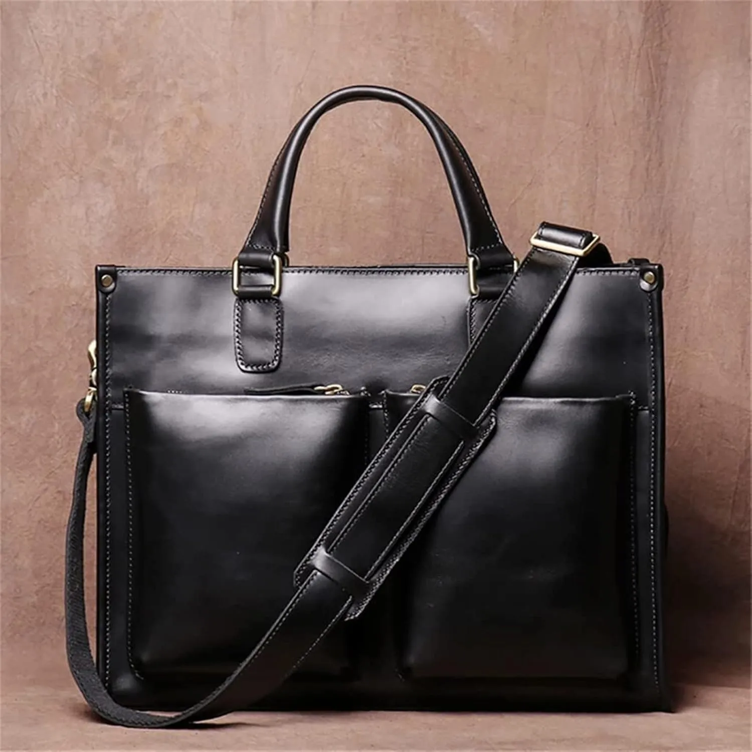 Vintage Man Handbag Briefcase Men Shoulder Genuine Leather Bags Brown Business 14 Inch Laptop Bag,B,One Size