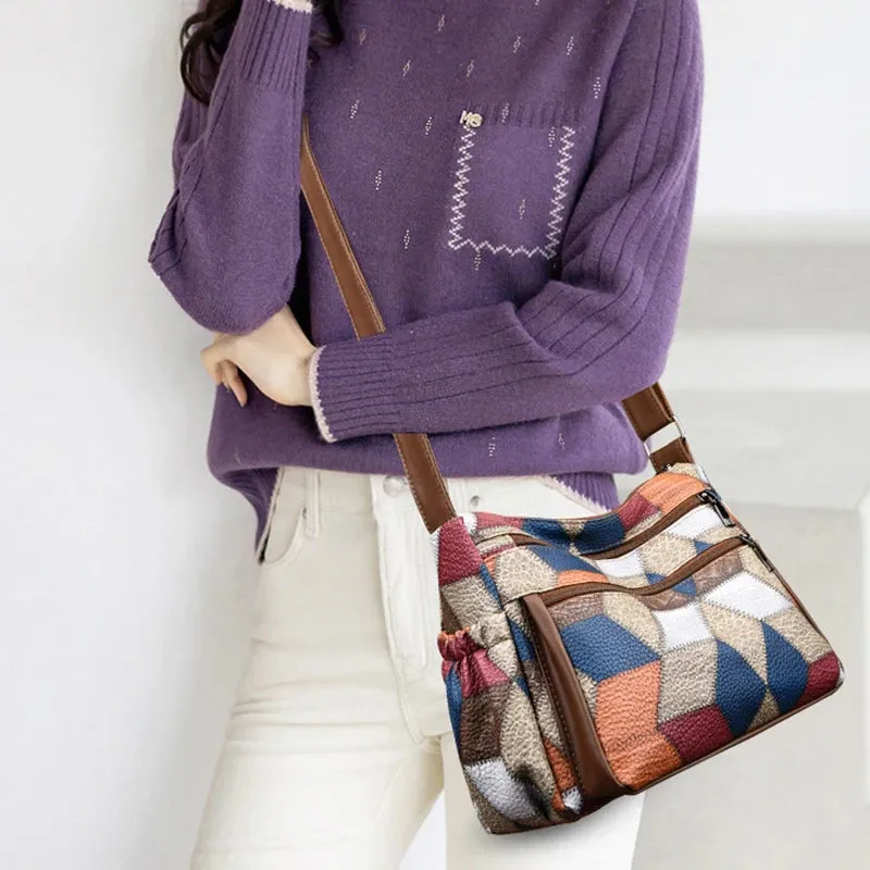 Vintage Plaid Women Leather Crossbody Bag