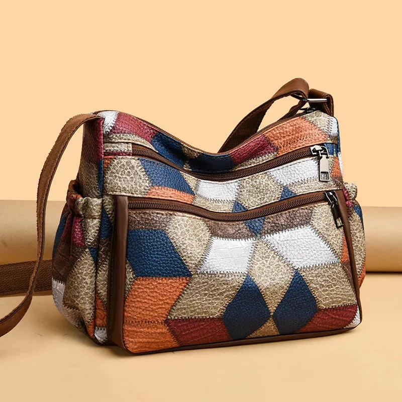 Vintage Plaid Women Leather Crossbody Bag