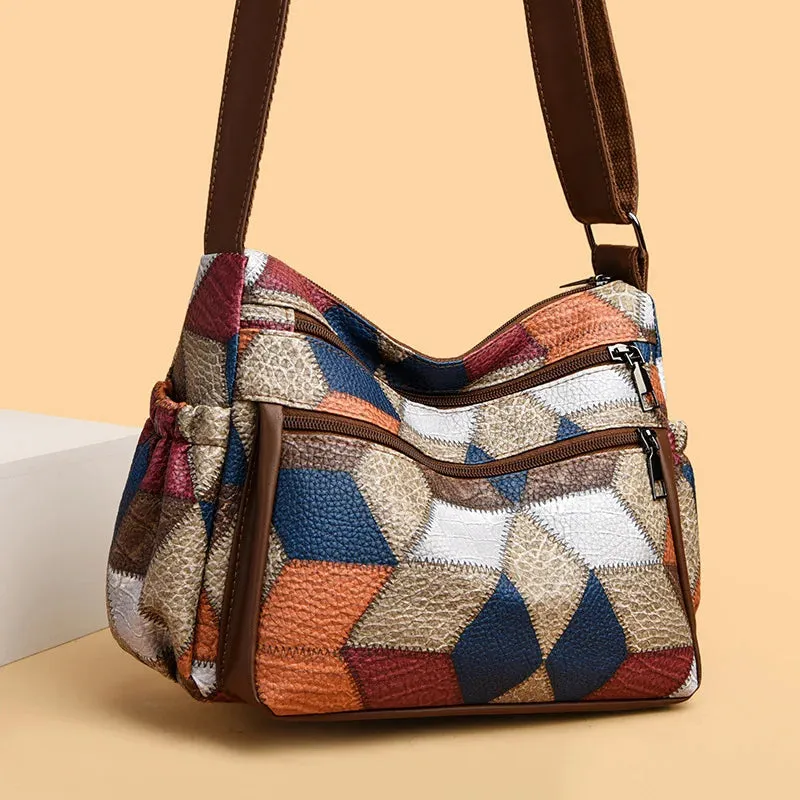 Vintage Plaid Women Leather Crossbody Bag