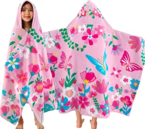 VOOVA & MOVAS Todder Beach Towels with Hood, (3-10 Years, 30''X50),Absorbent 100% Cotton Towel Wrap for Boys, Perfect for Toddler Beach, Pool, Bath, Swimming, Flower Butterfly