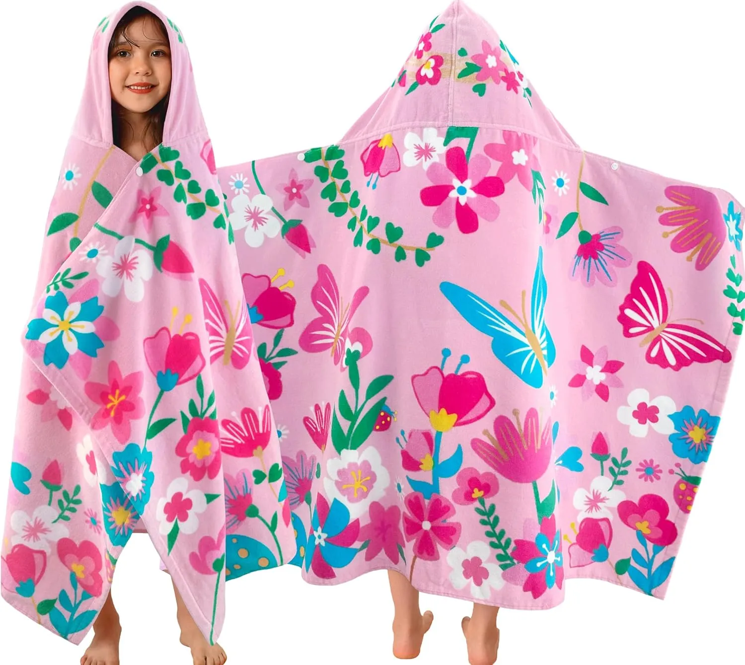 VOOVA & MOVAS Todder Beach Towels with Hood, (3-10 Years, 30''X50),Absorbent 100% Cotton Towel Wrap for Boys, Perfect for Toddler Beach, Pool, Bath, Swimming, Flower Butterfly