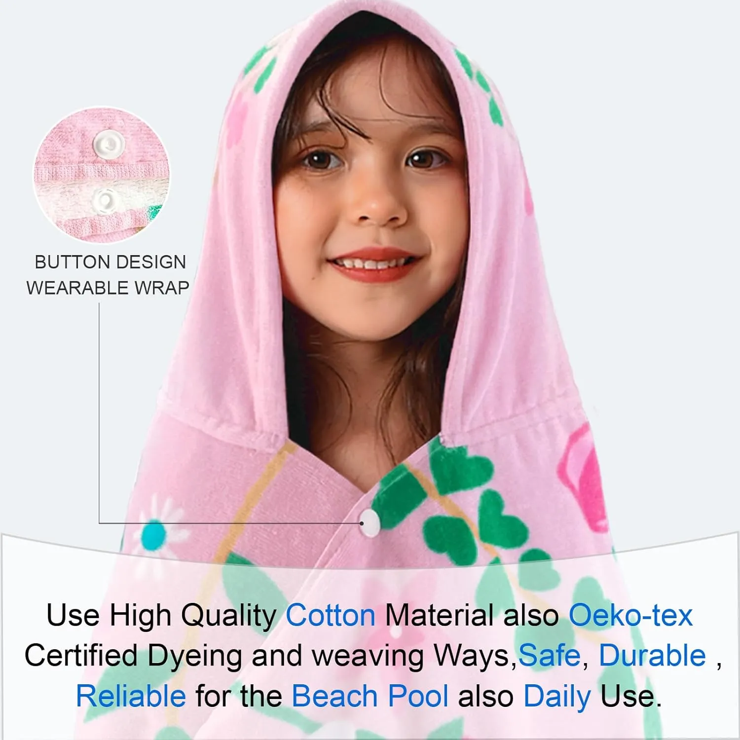 VOOVA & MOVAS Todder Beach Towels with Hood, (3-10 Years, 30''X50),Absorbent 100% Cotton Towel Wrap for Boys, Perfect for Toddler Beach, Pool, Bath, Swimming, Flower Butterfly