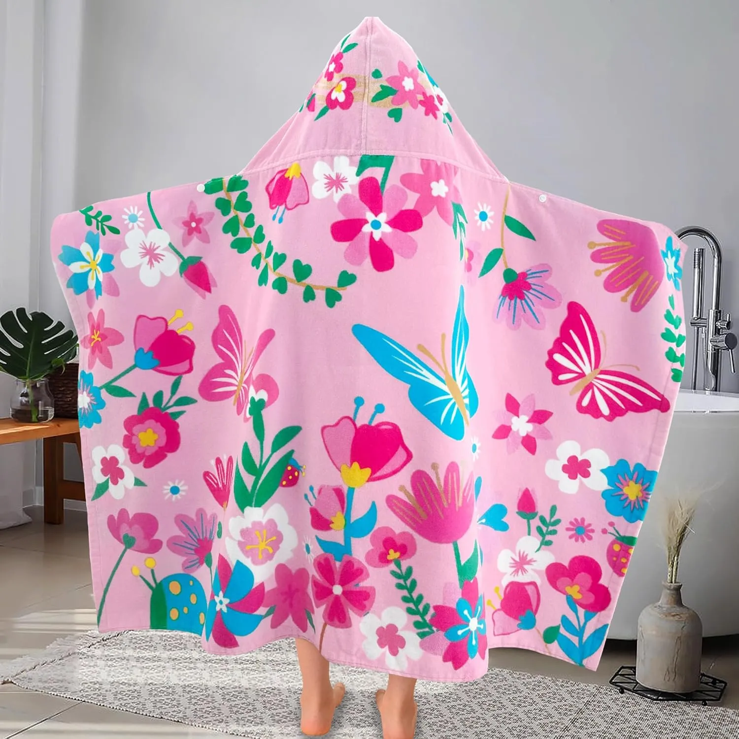 VOOVA & MOVAS Todder Beach Towels with Hood, (3-10 Years, 30''X50),Absorbent 100% Cotton Towel Wrap for Boys, Perfect for Toddler Beach, Pool, Bath, Swimming, Flower Butterfly