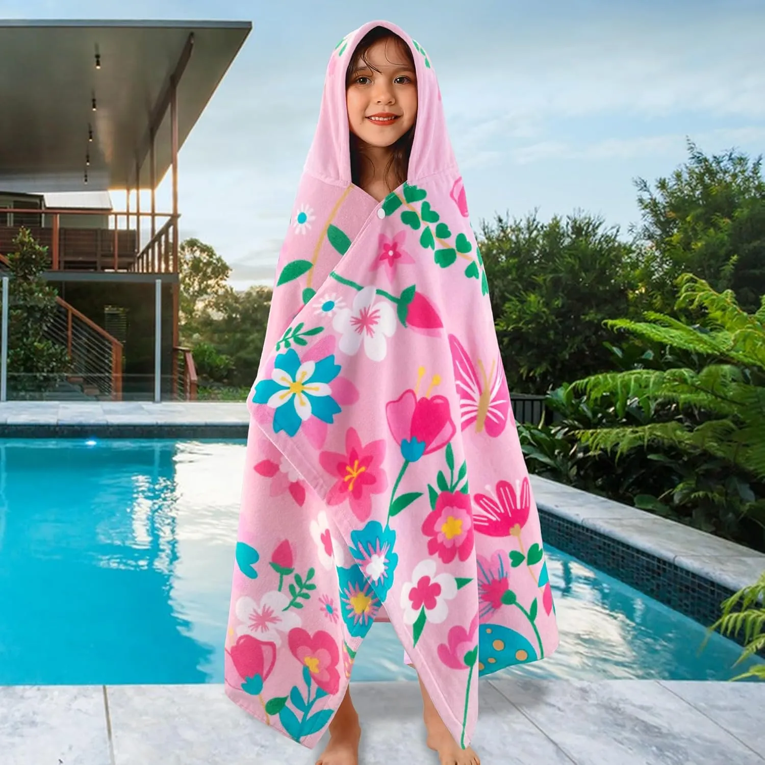 VOOVA & MOVAS Todder Beach Towels with Hood, (3-10 Years, 30''X50),Absorbent 100% Cotton Towel Wrap for Boys, Perfect for Toddler Beach, Pool, Bath, Swimming, Flower Butterfly